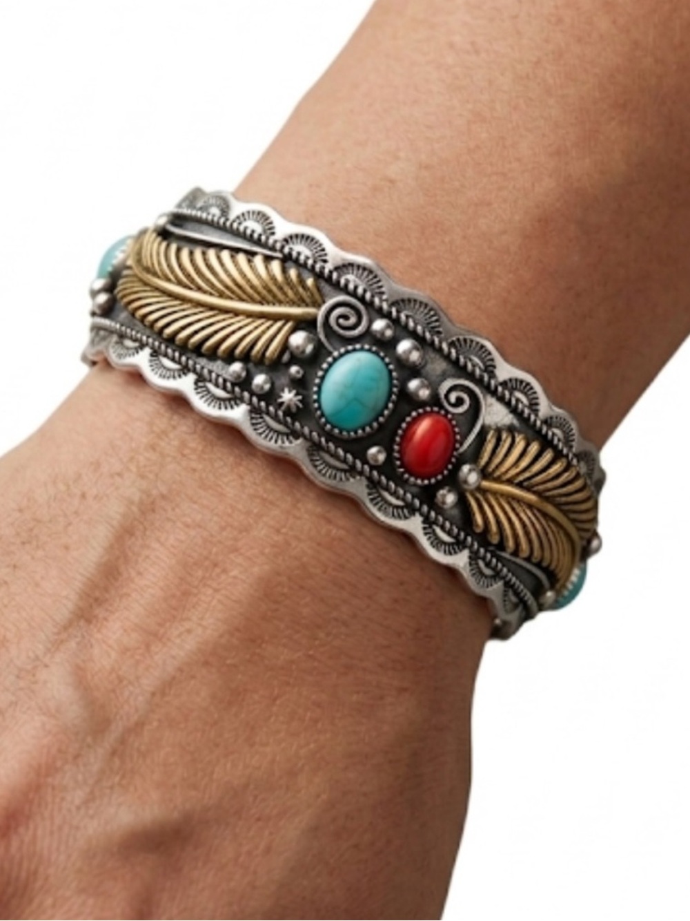 Silver & Gold Feather Cuff Bracelet Turquoise
Coral Accents Mixed Metals New